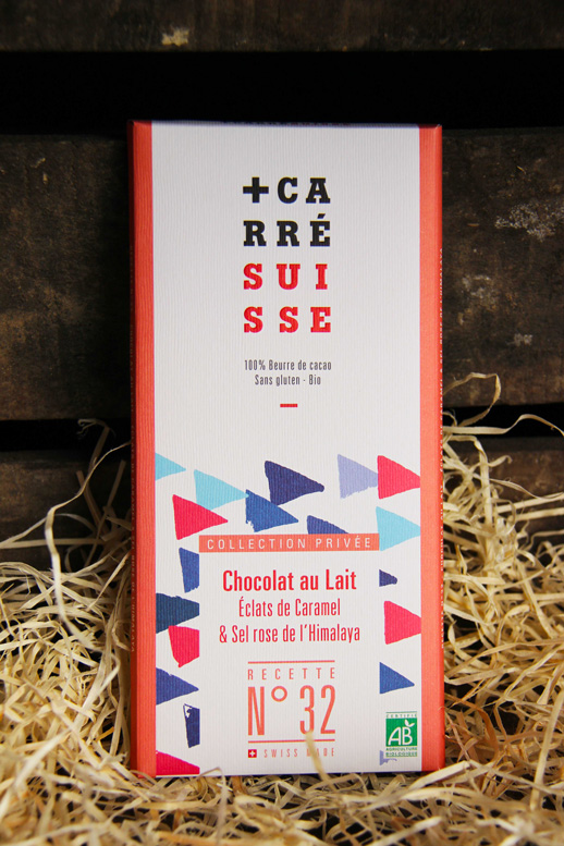 Chocolat au lait, éclats de caramel & sel rose de l'Himalaya BIO - Recette  n°32, Carré Suisse (100 g)